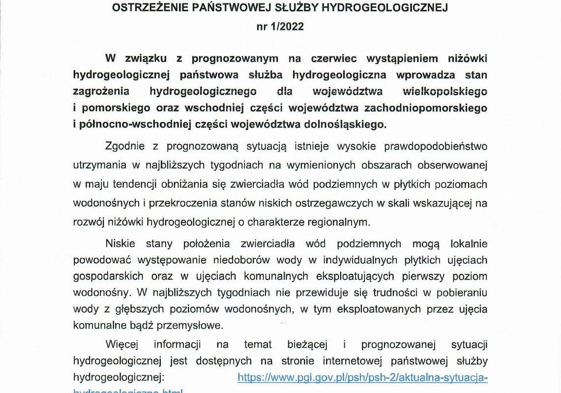 OSTRZEŻENIE PAŃSTWOWEJ SŁUZBY HYDROLOGICZNEJ nr 1/2022