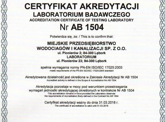 Laboratorium MPWiK uzyskało certyfikat akredytacji