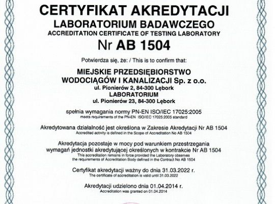 Nowe wydanie certyfikatu i zakresu akredytacji Laboratorium