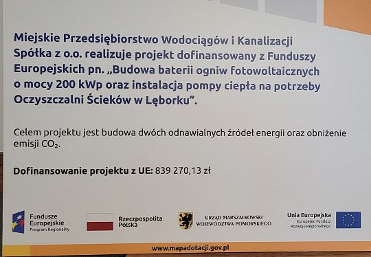 Budowa baterii ogniw fotowoltaicznych o mocy 200kWp i pompy ciepła na potrzeby Oczyszczalni Ścieków  w Lęborku.