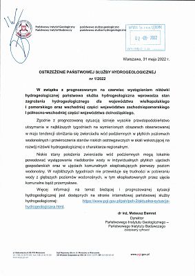 OSTRZEŻENIE PAŃSTWOWEJ SŁUZBY HYDROLOGICZNEJ nr 1/2022